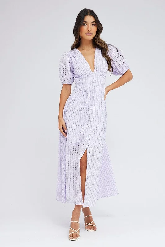 Clothes For Women Purple Check Midi Dress Puff Sleeve