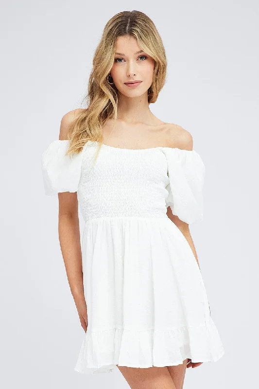 Online Boutiques White Fit And Flare Dress Shirred Bust Mini